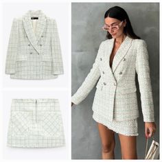 New With Tags Bloggers Favorite! Matching Set 2 Pc Blazer Size S Skort Size M (Runs Small) Fitted White Tweed Blazer, Elegant White Tweed Jacket For Fall, White Tailored Tweed Jacket For Office, White Tweed Jacket For Fall Formal Events, White Tailored Tweed Blazer, White Tweed Jacket For Formal Fall Occasions, Chic White Tweed Jacket For Formal Occasions, White Tweed Winter Blazer, White Fitted Tweed Jacket For Work