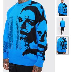 Questions? Leave A Comment Below! Oversized Edgy Winter Sweater, Edgy Oversized Winter Sweater, Edgy Knit Sweater For Streetwear, Blue Knitted Sweater For Streetwear, Oversized Knitted Trendy Sweatshirt, Knitted Crew Neck Sweatshirt For Streetwear, Winter Graphic Print Knit Sweater, Oversized Knit Sweatshirt For Streetwear, Blue Fall Streetwear Sweater