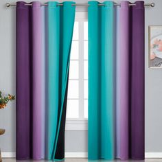 PRICES MAY VARY. PACKAGE INCLUDES: 2 panels per package. Each package includes two ombre blackout curtain panels of 52"W x 96"L,one set measures: 104"W x 96"L. Each curtain panel has 8 rustproof silver metal grommets on top. Each grommet inner diameter is 1.6 inch, fits most standard rods in the market. Easy to hang, and slide smoothly. These gradient blackout living room curtains are soft and smooth. OMBRE AND LINE DESIGN: The decorative blackout bedroom curtains are made of 100% high quality p Purple Blackout Curtains, Purple Curtains Bedroom, Turquoise Color Combinations, Curtains For Kids, Teal Curtains, Ombre Curtains, Gray Room, Bedroom Turquoise, Purple Curtains