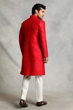 Shop for Gargee Designers Raw Silk Floral Embroidered Sherwani Set for Men Online at Aza Fashions Traditional Fitted Red Bandhgala, Traditional Red Fitted Bandhgala, Red Fitted Traditional Bandhgala, Red Long Sleeve Sherwani For Formal Occasions, Red Elegant Bandhgala For Ceremonial Occasions, Elegant Red Bandhgala For Ceremonial Occasions, Formal Red Long Sleeve Sherwani, Red Formal Long-sleeve Sherwani, Red Long Sleeve Formal Sherwani