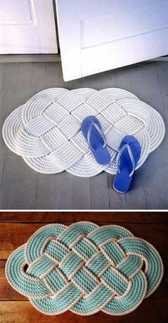 there are two pictures with blue shoes on the floor and one has a rope door mat