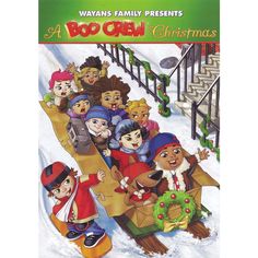 the bob crew christmas movie poster with children on sled in front of stairs and staircases