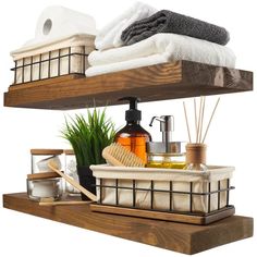 two wooden shelves with towels, soaps and other items