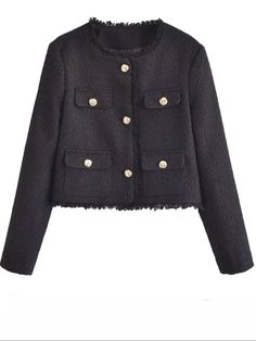 Black crop top tweed jacket - Wapas Tweed Cropped Jacket, Womens Tweed Jacket, Elegant Blazers, Cozy Coats, Long Sleeves Coats, Solid Clothes, 가을 패션, Cropped Style, Cropped Jacket