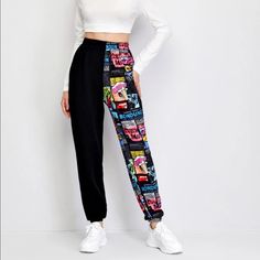 Nwot Shein Newspaper Print Jogger Pants. Color Is Black And Multicolored. Size Large. Pants Feature Half Colorful Newspaper Print, High-Rise Waist, And Elasticized Trim. Never Been Worn. Black Stretch Bottoms With Graphic Print, Fitted Black Bottoms With Graphic Print, High Waist Black Pants With Graphic Print, Black High-waisted Pants With Graphic Print, High Waist Black Bottoms With Graphic Print, High-waisted Black Bottoms With Graphic Print, Black High-waist Bottoms With Graphic Print, Black Graphic Print Bottoms, Large Pants