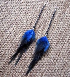 These  earrings were crafted  using blue saddle feathers, black glass beads and black aluminum chain. About 8" in length from the top of the surgical steel ear wires to the bottom of the feathers.Made to order. Please see my shop policies or shop announcement for current turn around time. If you need your order asap please let me know, I can usually accommodate rush orders.*****Check out the huge selection of feather jewelry and accessories in my shop! Please feel free to contact me for a custom Adjustable Black Feather Jewelry, Black Feathered Jewelry For Party, Black Feathered Jewelry For Festivals, Black Feather Jewelry For Party, Elegant Blue Feather Earrings, Blue Feather Dangle Earrings, Adjustable Blue Feather Earrings, Blue Feather Earrings Gift, Blue Feather Earrings As Gift