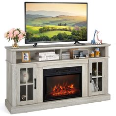 an entertainment center with a fireplace and tv on it's stand in front of a white background