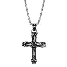 Featuring etched details and black agate accents, this men's LYNX cross pendant helps distinguish your style from the rest. Featuring etched details and black agate accents, this men's LYNX cross pendant helps distinguish your style from the rest.Click on this JEWELRY & WATCHES GUIDE to learn about fit, styles, materials and more! Metal: stainless steel Chain length: 24 in. Packaging: boxed Plating: black ion plated Finish: polished Pendant size: 1.46"L x 1.06"W Chain type: boxSTONE DETAILS Ston Black Engraved Cross Pendant Necklace, Black Engraved Crucifix Necklace, Black Crucifix Necklace Engraved, Black Engraved Pendant Cross Necklace, Black Engraved Cross Jewelry, Black Engraved Cross Necklace Gift, Engraved Black Cross Necklace As Gift, Engraved Black Cross Necklace For Gift, Gift Black Engraved Cross Necklace