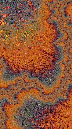 an abstract painting with swirls and colors in orange, blue, yellow and red