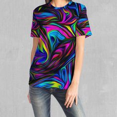 Psychedelic Waves Tee - Azimuth Clothing Multicolor Rainbow Print Short Sleeve T-shirt, Rainbow Print Short Sleeve T-shirt, Multicolor Abstract Print Crew Neck T-shirt, Multicolor Crew Neck T-shirt With Abstract Print, Artistic Multicolor Printed T-shirt, Multicolor Digital Print Sublimation Short Sleeve, Multicolor Crew Neck Top For Rave, Multicolor Graphic Tee With Short Sleeves, Multicolor Sublimation Design With All Over Print For Streetwear