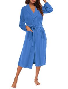 PRICES MAY VARY. SOFT AND FLUFFY: Designed with comfort in mind, Ekouaer women's bathrobe is soft and gentle on the skin, yet fluffy enough to give you the comfort you deserve at all times. Made from high-quality plush material, comfortable fabric lets you fully enjoy a cozy time at home FASHIONABLE DESIGN: An elegant kimono style bathrobe with a belted waist ensures a secure and flattering fit for any body type. With a turndown collar design, front pockets, long sleeves, and a calf-length cut, Womens Bathrobes, Elegant Kimono, Knit Loungewear, Turndown Collar, Collar Designs, Kimono Fashion, Lounge Wear, Long Sleeve, Knitting