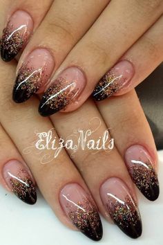 20 Gorgeous Trendy Ombre Nails Ideas That You Must Try Black To Gold Ombre Nails, Gel Nails Gold Glitter, Brown Black Gold Nails, Black And Gold Nails For Wedding, Gold Nails Black Tips, Black Tip Glitter Nails, Gel Nails Black And Gold, Black And Gold Nails Oval Shape, Red Gold Ombre Nails Glitter