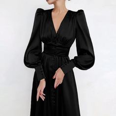 KAYLIE satin dress – YUMASKY Puff Long Sleeve Dress, Vintage Long Dress, Glamour Vintage, Maxi Dress Outfit, Womens Long Dresses, Moda Retro, Lantern Sleeve Dress