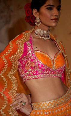 Bra Style Blouse Design, Rani Pink Contrast Colour, Padma Priya, Exclusive Blouse Designs, Ruffle Blouse Designs, Latkan Design, Lengha Blouse Designs, Multicolored Blouse, Blouse Necklines