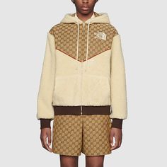 The North Face x GUCCI GG Canvas Shearling Jacket 'Beige' 644582-XJC3T-2102 Luxury Cream Gucci Outerwear, Luxury Gucci Cream Outerwear, Gucci Cream Long Sleeve Outerwear, Gucci Long Sleeve Cream Outerwear, Luxury Hooded Gucci Outerwear, Luxury Gucci Hooded Outerwear, Beige Gucci Outerwear For Winter, Brown Gucci Winter Outerwear, Gucci Brown Winter Outerwear