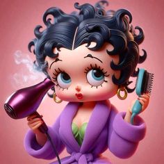 the doll is holding a hair dryer in her hand and blow drying it's hair