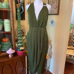 Olive Green Bebe Draped Dress. Asymmetrical, Halter Neck, Slinky Dress Is The Description On The Tag. The Color On The Tag Is Going Green. Size Xs. Very Stretchy!! Measures Apx 54” Long Total In Back, Front Is A Little Shorter Apx 14”Across Armpits Laying Flat Apx 14” Across Waist Laying Flat Smoke Free Home, We Have Pets. Fitted Green Draped Midi Dress, Pre-draped Midi Dress For Spring Night Out, Spring Pre-draped Maxi Dress For Night Out, Pre-draped Maxi Dress For Night Out In Spring, Fitted Pre-draped Maxi Dress For Date Night, Draped Bodycon Dress For Night Out, Pre-draped Draped Maxi Dress For Date Night, Green Draped Midi Dress For Party, Green Draped Midi Party Dress