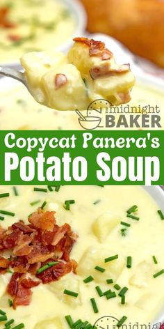 a spoon full of potato soup with bacon on top and the words copycat panera's potato soup