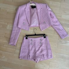 Zara Pink Tweed Set Jacket: Xs Short: Small Zara Spring Tweed Blazer, Spring Zara Tweed Blazer, Chic Zara Tweed Jacket, Zara Tweed Jacket For Spring, Zara Fitted Tweed Jacket, Pink Tweed Set, Tweed Set, Zara Tweed, Pink Tweed