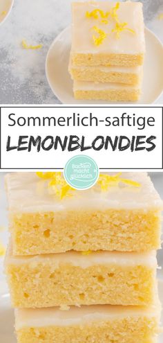 lemon blondies stacked on top of each other with the words, sommerlich - saffge lemon blondies