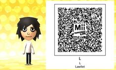 a cartoon character standing in front of a qr code with the word mii on it