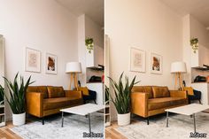 two pictures of a living room with couches and lamps on the wall, one in front of a mirror