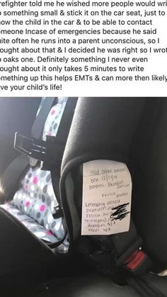 the back seat of a car with a note attached to it