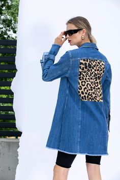 Denim Jacket With Animal Print Oversized Denim Jacket | Etsy Casual Leopard Print Outerwear With Pockets, Trendy Leopard Print Outerwear With Pockets, Denim 2023, Animal Print Jeans, Print Jeans, Womens Jackets, Oversized Denim Jacket, Recycled Fashion, Jeans Jacket