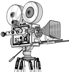 a black and white drawing of a movie camera on a tripod, with the film reels attached to it