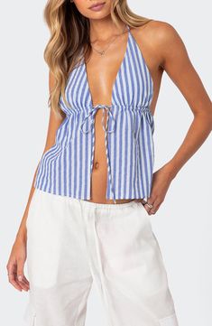 Cheery stripes and a sassy silhouette define a summery halter top cut from airy cotton. Front tie closure; ties at neck Plunge halter neck 100% cotton Machine wash, dry flat Imported Vest Tops Women, Tie Tie, Plaid Outfits, Stripe Outfits, Club Tops, Tie Front Top, Top Halter, Streetwear Tops, Women Halter