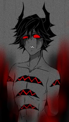 an anime character with red eyes and horns on his head, standing in front of a dark