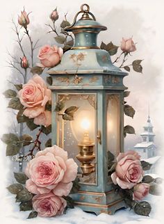 a painting of a lantern with pink roses on the front and side, surrounded by snow