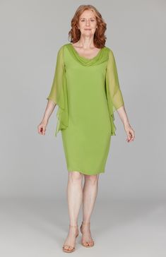 Our signature silk sheath dress, detailed with a floaty silk chiffon sleeves and a beautifully draped neckline. Unlined and finished with a simple back zip closure. Pre-draped Georgette Evening Dress, Chiffon Dresses With Draped Sleeves And Flowy Fit, Flowy Chiffon Dress With Draped Sleeves, Silk Flowy Dress With Sheer Sleeves, Flowy Silk Chiffon Dress With Sheer Sleeves, Flowy Draped Chiffon Dress, Flowy Silk Dress With Sheer Sleeves, Party Dresses With Georgette Overlay, Party Dresses In Georgette With Overlay