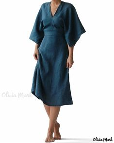 OliviaMark - Elegant V-Neck Solid Color Midi Sleeve Asymmetric Dress Blue Linen Dress, Vintage Long Dress, Sukienki Plus Size, Looks Pinterest, Solid Skirt, Elegant Midi Dresses, Elegant Party Dresses, Cotton Linen Dresses, V Neck Midi Dress