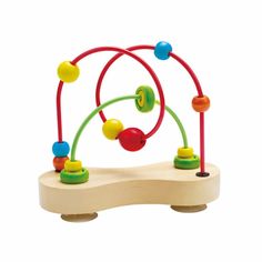 a wooden toy with different colored beads on it