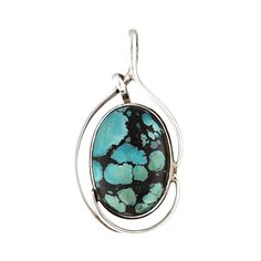 "Sterling silver blue Turquoise pendant. Oval shape with a simple plain silver design around the stone. Large bail can fit a thick chain or beaded necklace.  Size approximately: 2\" x 1\". Mystical Properties: Turquoise is still a valued power stone. It will strengthen and align all of the Chakras, and it can be used to cleanse your energy centers. As a meditation tool, the gem can assist in clearing your mind, opening you to the Universal All. Use Turquoise to attune to the spiritual plane or provide protection during vision quests or astral travel. Native Americans believed the stone brought protection to a rider upon a horse, and great protection in general, especially to turn away the evil eye. Called \"sky stone\" or \"stone of heaven\" by some Native Americans, the vibrations of turq Cleanse Your Energy, Power Stone, Les Chakras, Silver Design, Cabochon Pendant, Necklace Size, Turquoise Pendant, Fine Jewellery Necklace, Blue Turquoise