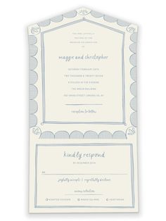 a wedding card with an ornate border on the front and back, in light blue