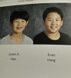 two young boys are shown in this yearbook photo from the same year they were born