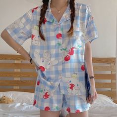 Cute Cinnamoroll, Sleep Clothes, Cute Pajama Sets, Cute Pajamas, Satin Pyjama Set, Cartoon Girl, Satin Pajamas, Gingham Print