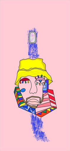 a drawing of a person wearing a colorful hat and holding a cell phone up to their ear