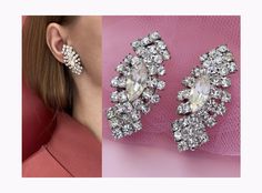 "Discover exquisite vintage crystal clip-on earrings, perfect for brides seeking a touch of timeless elegance. These large, clear rhinestone studs evoke the glamour of art deco, offering a chic, no-piercing alternative. Make a quirky statement with these unique bridal earrings, an ideal gift for the bride-to-be. ❗️ Details:     Vintage from the 1960s     Materials: silver tone costume jewelry metal, rhinestones     Location: Earlobe     Closure: Clip-on     Style: Art deco 15CL And if you happen to be a gentleman shopping for a gift for your lady, here's a couple of tips: 1) There's no such thing as \"too much jewelry\". 2) Any woman would love jewelry as a gift regardless of her age - and yes, that includes your grandma. 3) Designer jewelry is always a safe choice - you don't have to worr Unique Bridal Earrings, Real Pearl Jewellery, Earrings For Bride, Bridal Art, Handmade Boho Jewelry, Earrings Clip, Rhinestone Wedding, Women's Jewelry And Accessories, Rhinestone Studs