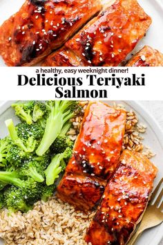 salmon and broccoli on a white plate with the words delicious teriyaki salmon