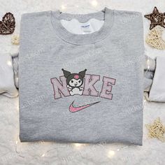 Kuromi x Nike Embroidered Cartoon Shirt, Nike Inspired Embroidered Shirt, Best Gift for Family Nike Cartoon, Disney Character Shirts, Nike Inspired, Best Family Gifts, Maroon Hoodie, Embroidered Shirts, Mike Wazowski, Best Valentine's Day Gifts, Heart Embroidery