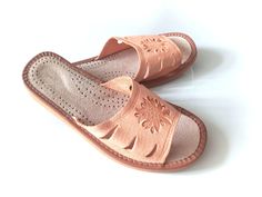 "Women's natural leather slippers / sandals Traditional stamping patterns highlander Unique women's natural leather slippers / sandals - Traditional stamping patterns highlander Thick, delicate genuine leather with beautiful patterns - traditional highlander style. The sole is made of foam, about +/-2 cm  Made in limited quantities - perfect for summer, comfortable, light and unique * NOTE: I recommend exact measuring your foot in \"cm\" or \"inches\" and selecting the size on this basis ( see t Comfortable Orange Slide Sandals, Comfortable Orange Slip-on Sandals, Orange Round Toe Slippers For Spring, Summer Non-slip Brown Clogs, Orange Open Toe Slippers For Spring, Orange Open Toe Spring Slippers, Non-slip Leather Slippers For Spring, Comfortable Open Toe Orange Slides, Brown Non-slip Slippers For Spring