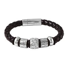 Edgy yet classic, this stainless steel and leather bracelet works for all his looks.Material: Black leatherClosure: MagnetDimensions: 8¼" long; 8 mm wideFeatures: Quick ShipCircumference: 8 1/4 InchMetal Color: GrayChain Length: 8 1/4 InchChain Construction: BraidCare: Wipe CleanBracelet Type: Beaded BraceletsMetal: Stainless SteelCountry of Origin: Imported Modern Stainless Steel Leather Bracelet With Black Band, Elegant Black Metal Wristband, Modern Leather Bracelet With Metal Black Band, Modern Metal Leather Bracelet With Black Band, Modern Leather Bracelet With Stainless Steel Clasp, Classic Leather Jewelry With Black Band, Everyday Stainless Steel Bracelet With Leather Strap, Elegant Black Stainless Steel Braided Bracelets, Modern Metal Jewelry With Black Band