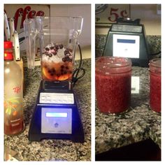 two pictures side by side one has a blender and the other has berries in it