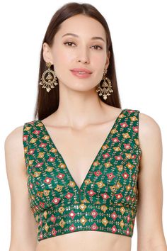 Shop Brocade Embroidered Blouse in Green at best offer price on our online Blouse Store. KarmaPlace. Check out our Designer Readymade Saree Blouses Online V Neckline Blouse, Blouse With Mirror Work, Mirror Work Embroidery, Saree Blouses Online, Western Skirts, Stitched Saree, Brocade Blouses, Readymade Saree, Sequin Blouse