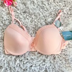 New With Tags Laura Ashley Peachy Pink Bra With Lace Around The Top. Size 34c Bra Is Lightly Padded. And Has A Padded Underwire. Adjustable Straps & Back Pink Lace Bra, Ashley Black, Beige T Shirts, Pink Lace Bralette, Lounge Bra, Floral Bra, Black Lace Bralette, Pink Bra, Peachy Pink