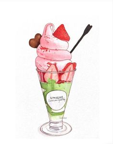 an ice cream sundae in a glass with strawberries and cherries on top