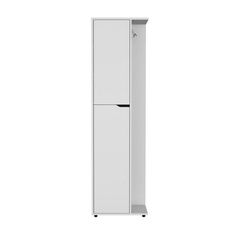 a tall white cabinet with two doors